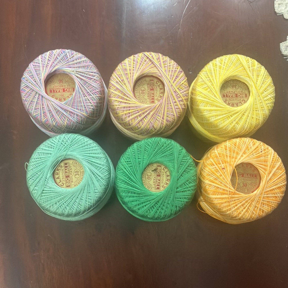 Lot of 6 Vintage Clark's Big Ball 30 Mercerized Cotton Crochet Thread Variegated